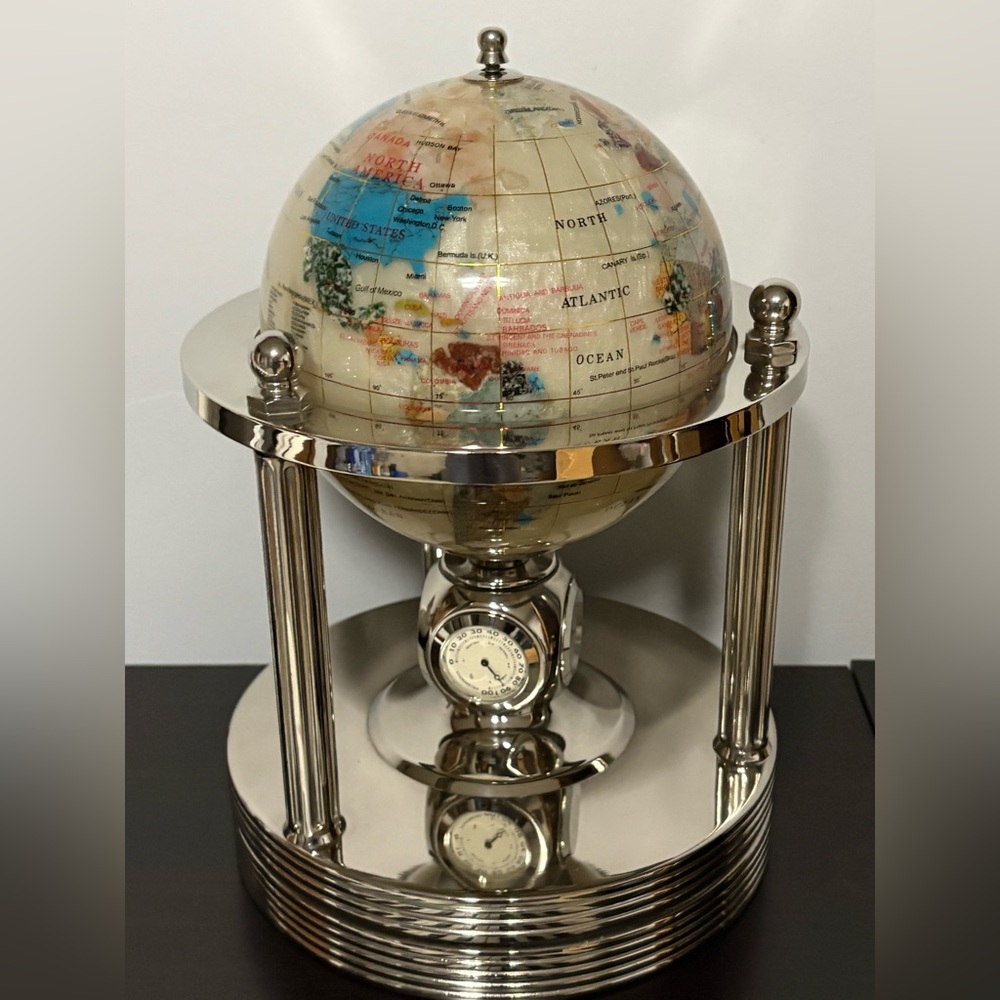 Mother of Pearl and Gemstone Silver Globe with Clock, Thermometer, and Barometer